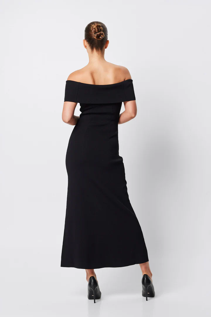 MOSSMAN - MONACO OFF SHOULDER MIDI DRESS (BLACK) - Image 3