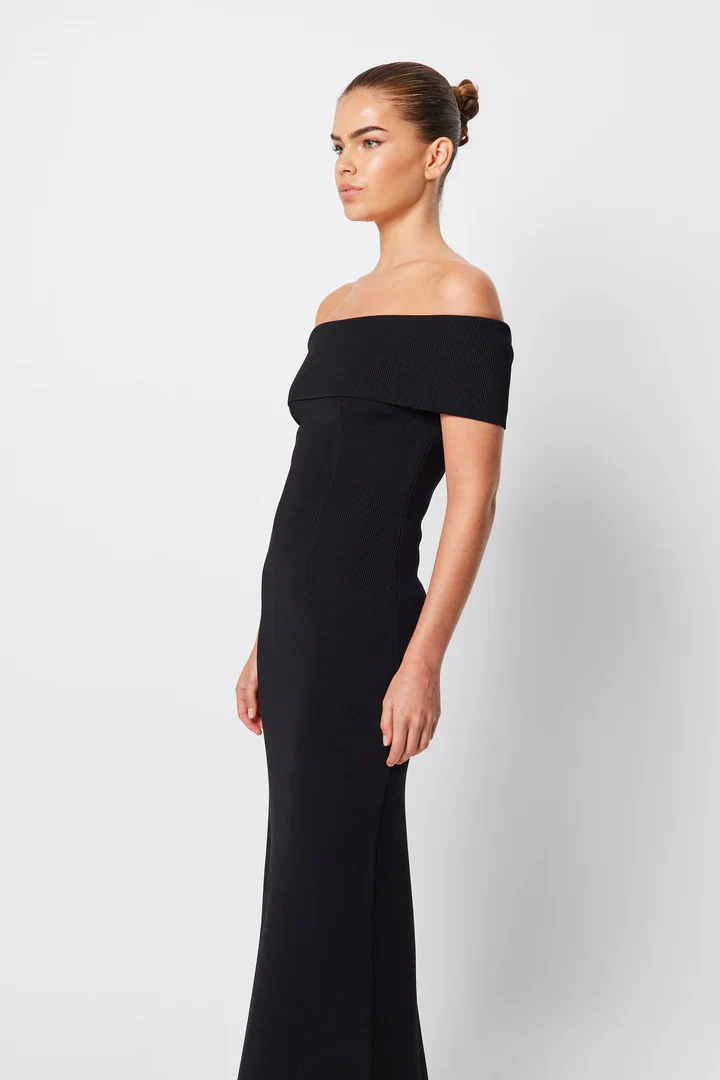 MOSSMAN - MONACO OFF SHOULDER MIDI DRESS (BLACK) - Image 4