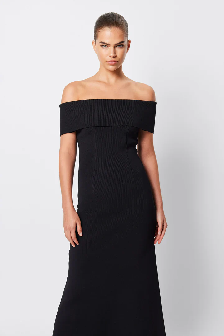 MOSSMAN - MONACO OFF SHOULDER MIDI DRESS (BLACK) - Image 5