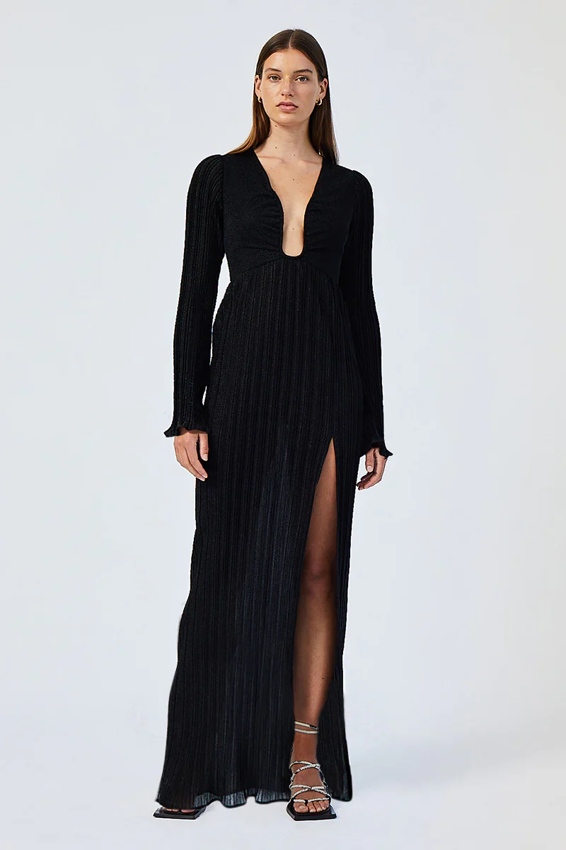 SUBOO - CRYSTAL V NECK MAXI DRESS (BLACK)