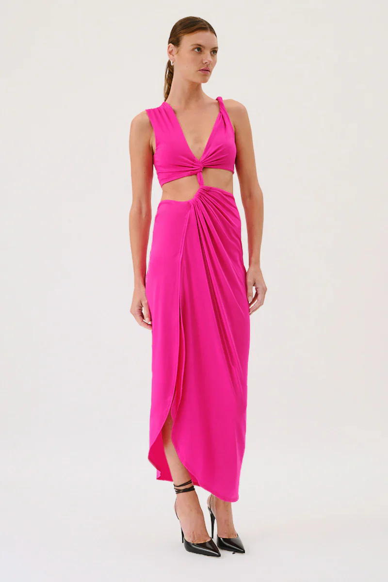 SUBOO - GARNET SLEEVELESS ROUCHED CROSS OVER MIDI DRESS (PINK) - Image 3
