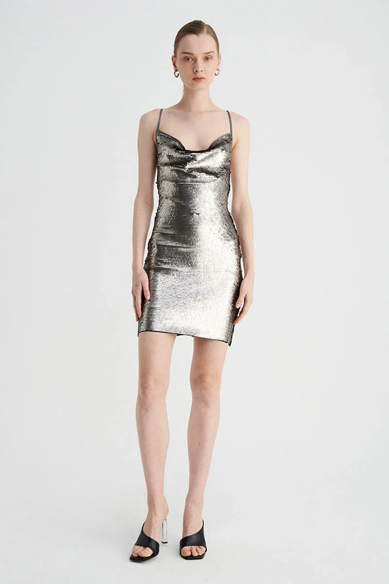 SUBOO - LUNA COWL NECK MINI DRESS (SILVER)