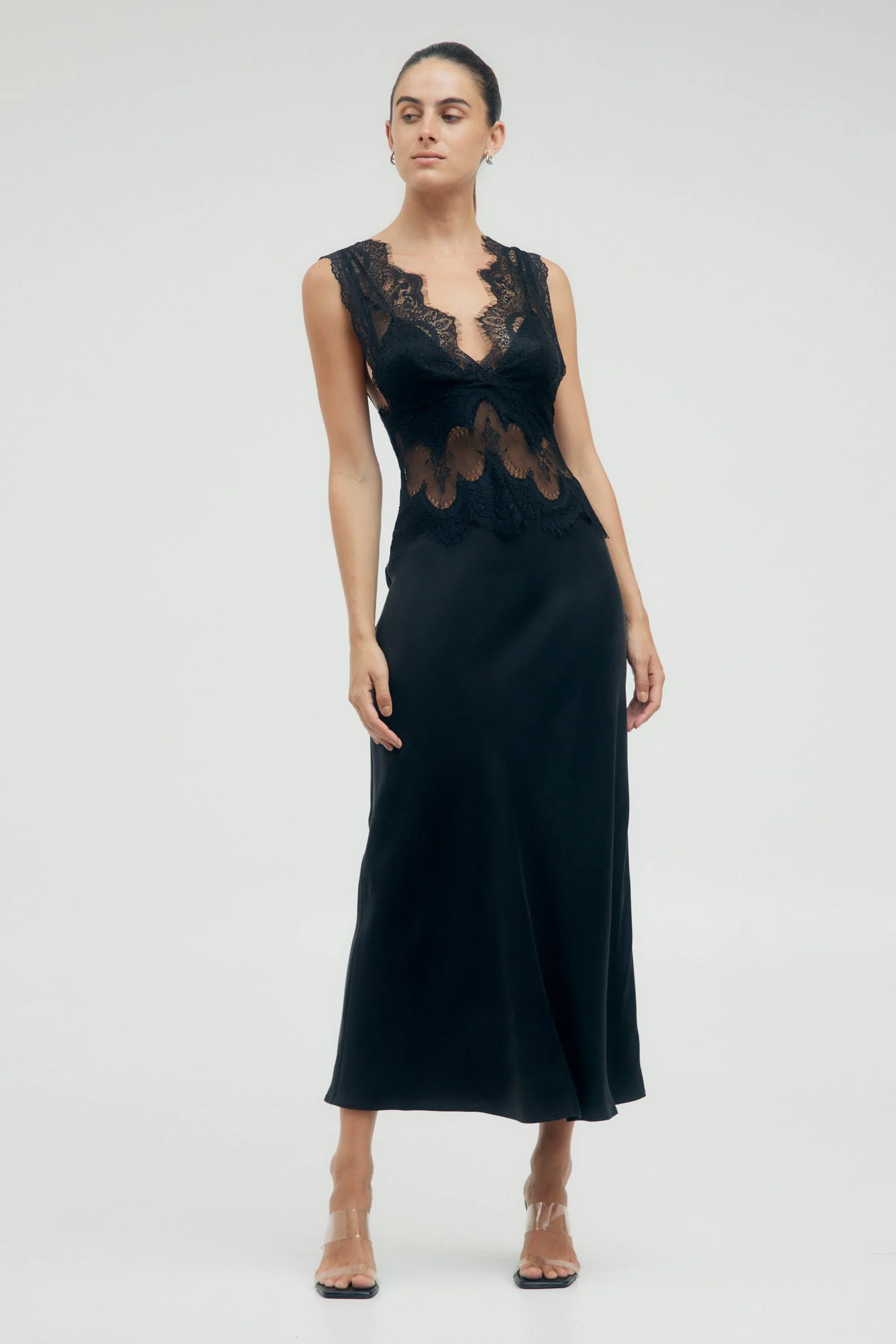 THIRD FORM - VISIONS LACE DEEP V MAXI DRESS (EBONY)